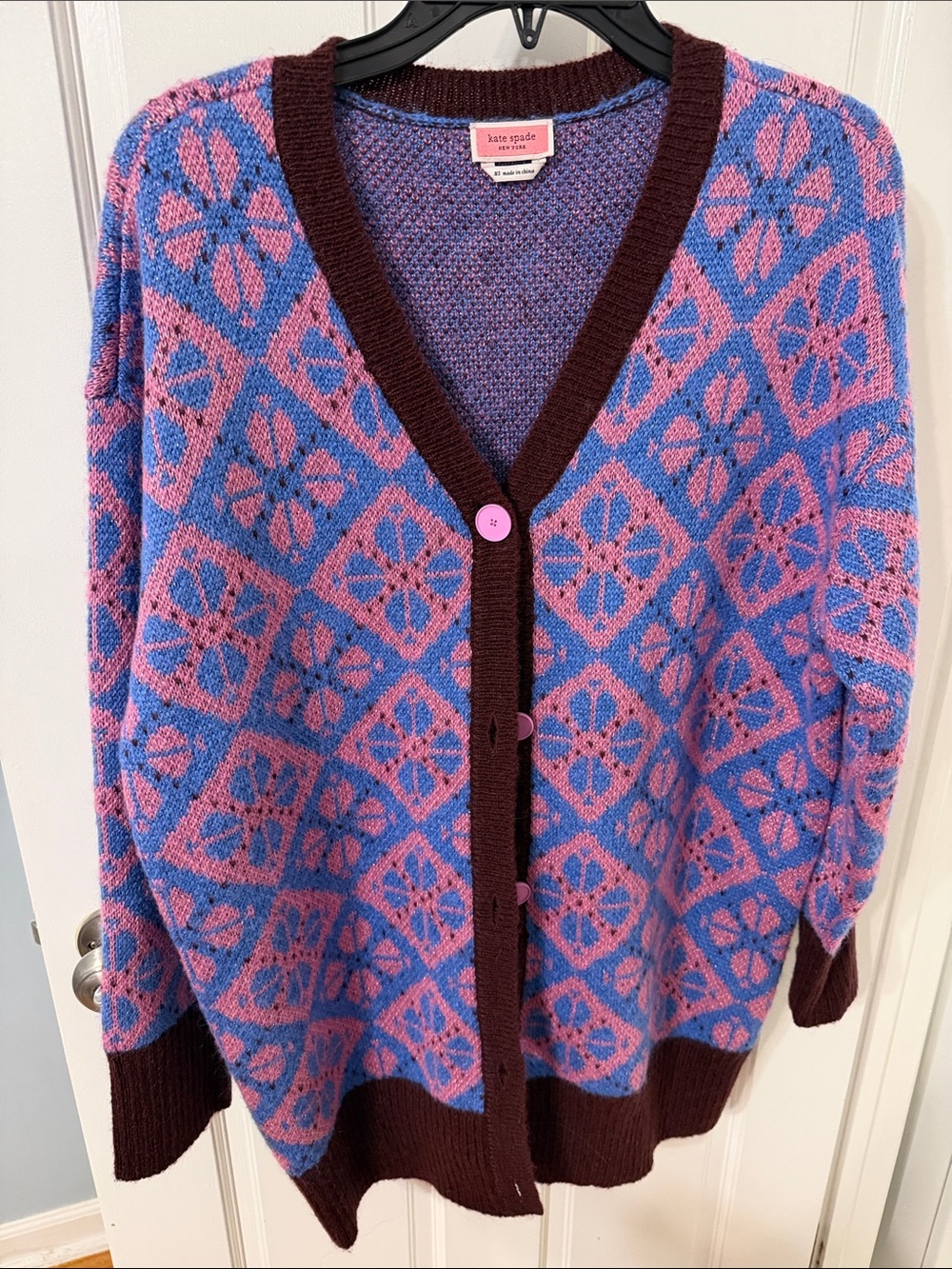 kate spade Pink and Blue Geometric Knit V-Neck Cardigan with Dark Trim